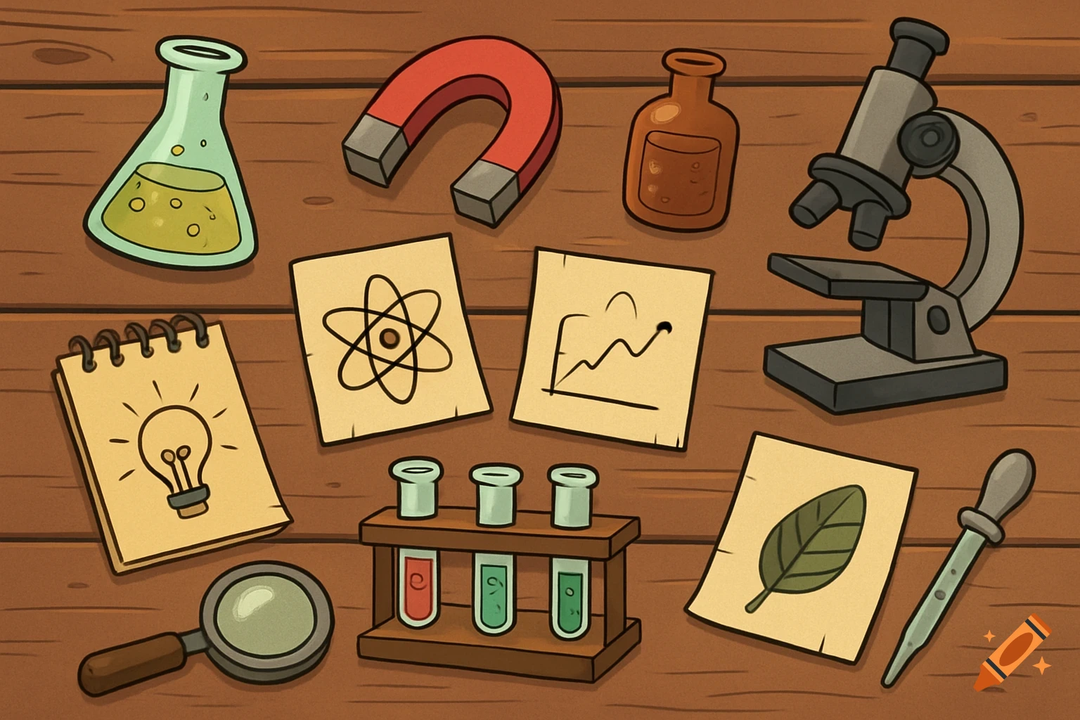 Cartoon illustration of science tools and notes on a wooden table.