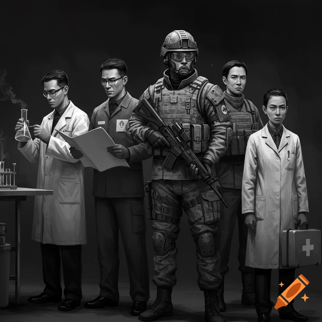 A black and white image of a group of people representing different professions: scientists, an engineer, a soldier, and a doctor.