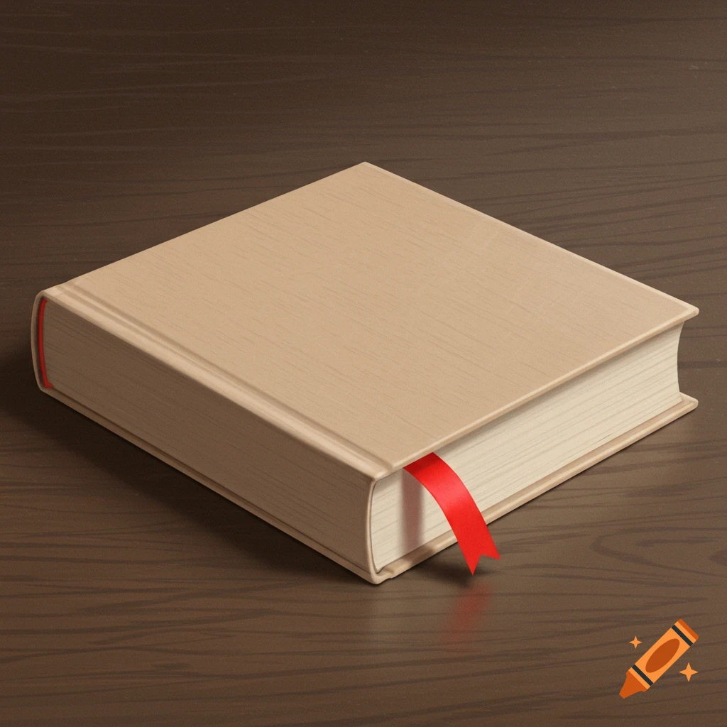 Square light brown book with a red bookmark on a wooden table.