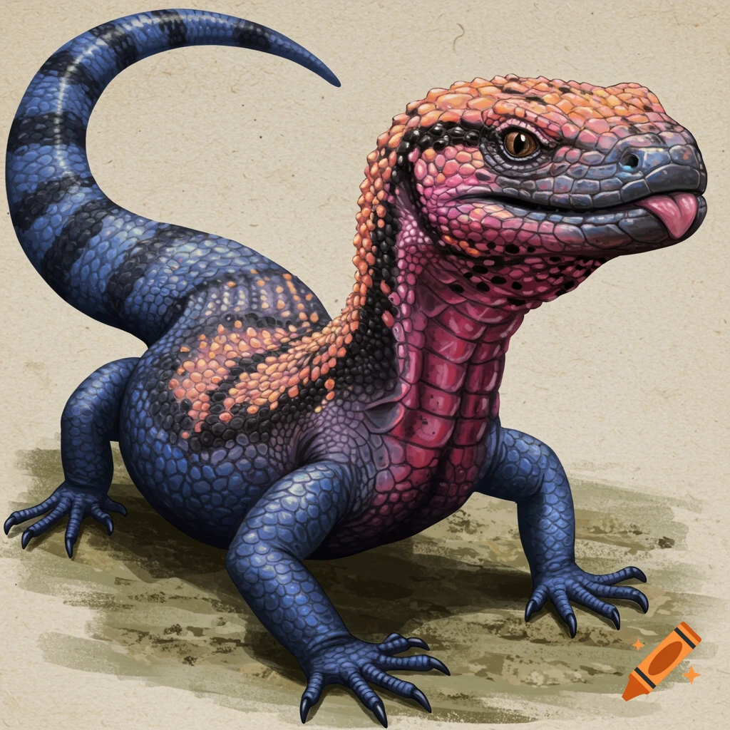 Painting of a colorful hybrid lizard creature.