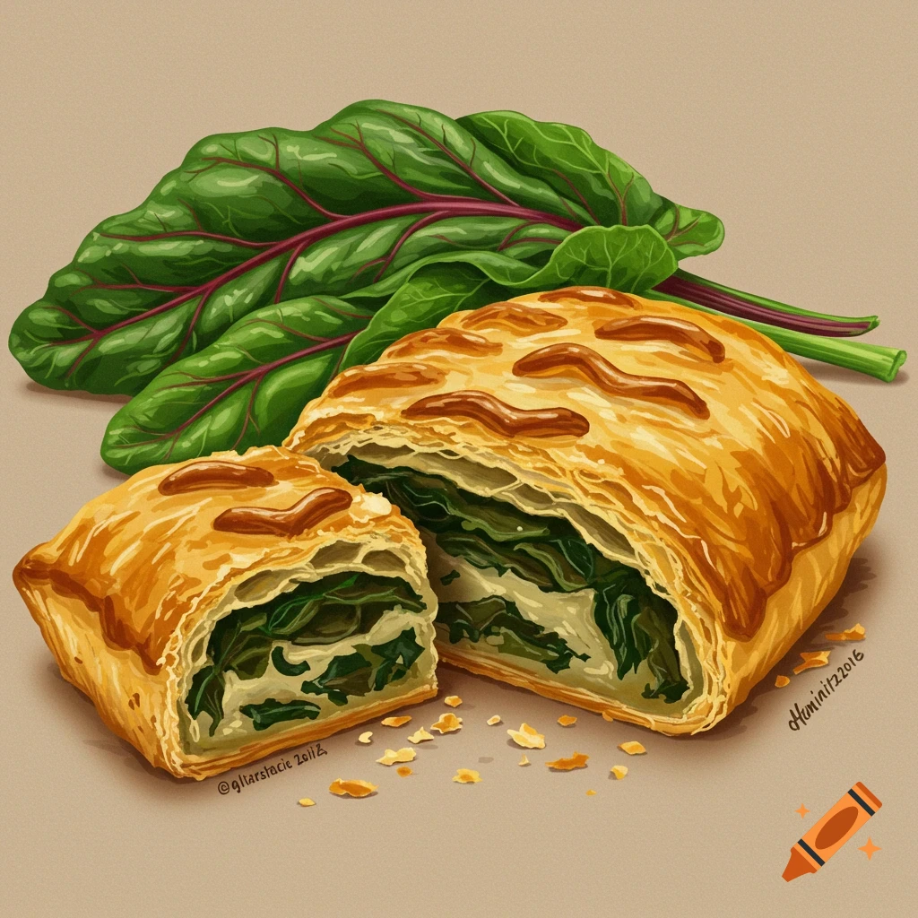 A sliced pastry filled with greens and cheese sits next to swiss chard leaves.