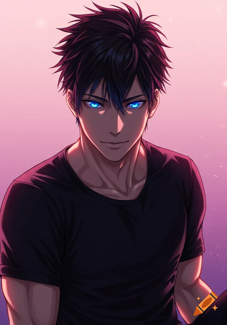Anime portrait of a dark-haired man with glowing blue eyes wearing a black shirt.