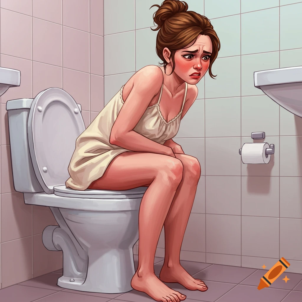 A distressed woman sits on a toilet.