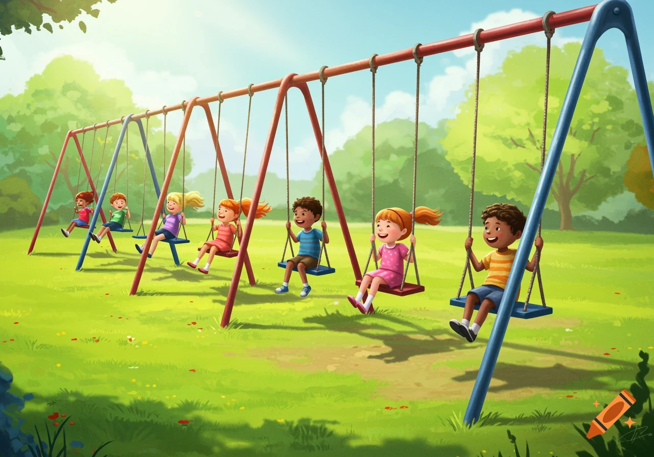 Children swing on a colourful swing set in a sunny park.