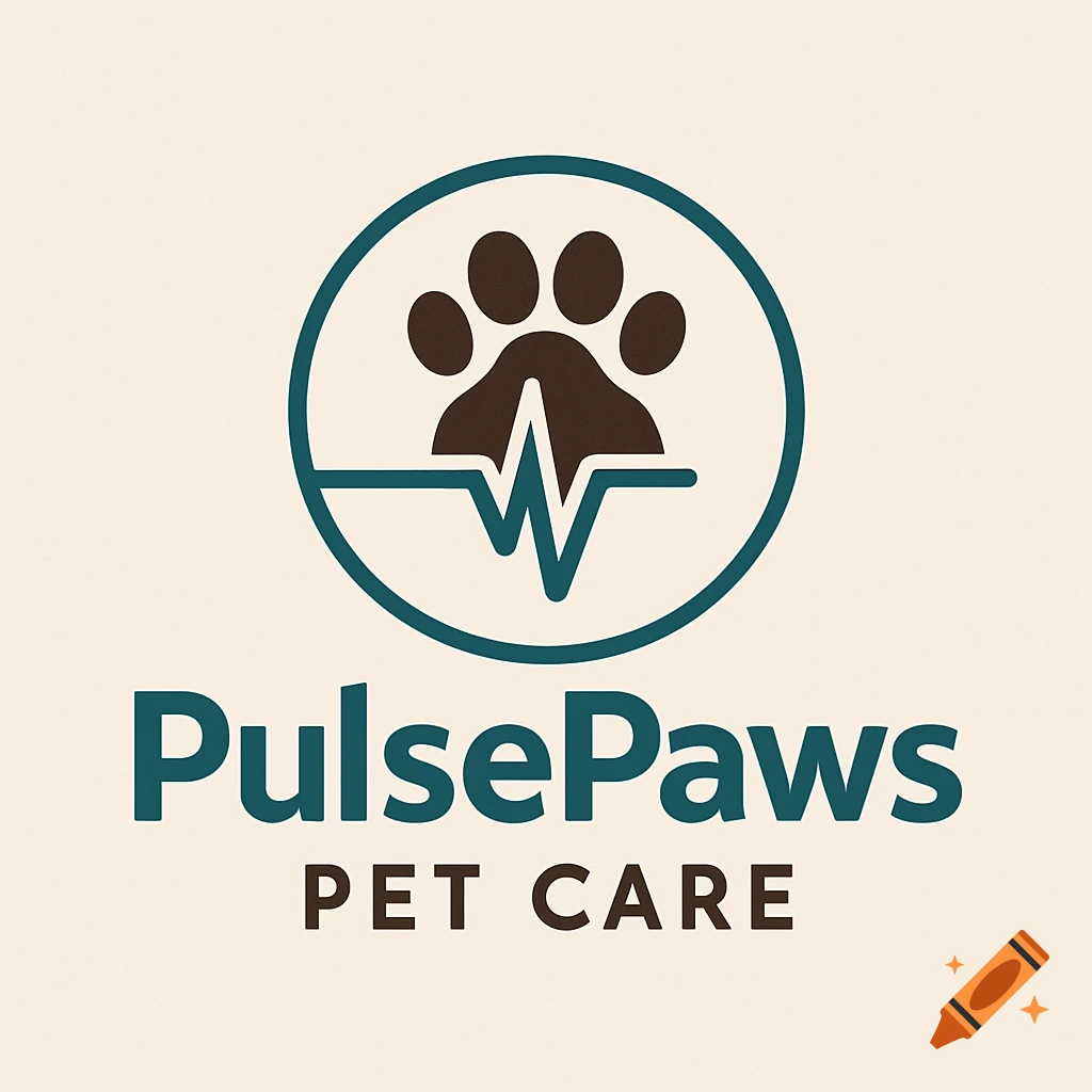 Logo with a paw print and heartbeat line inside a circle above the text 'PulsePaws PET CARE'.