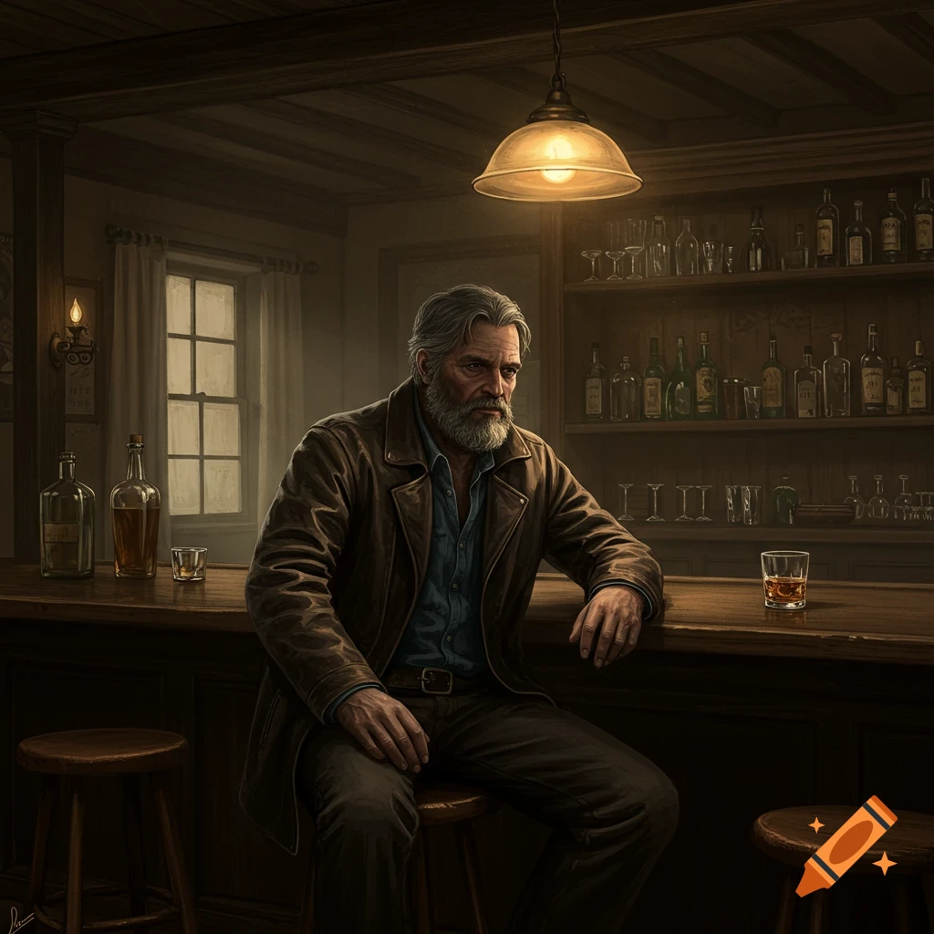 A man sits at a bar in a saloon