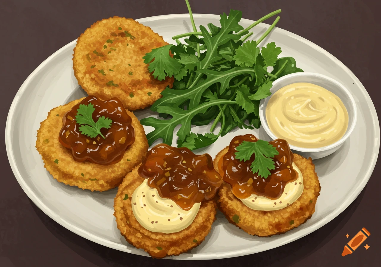 Fried patties topped with chutney and aioli, served with greens on a plate.