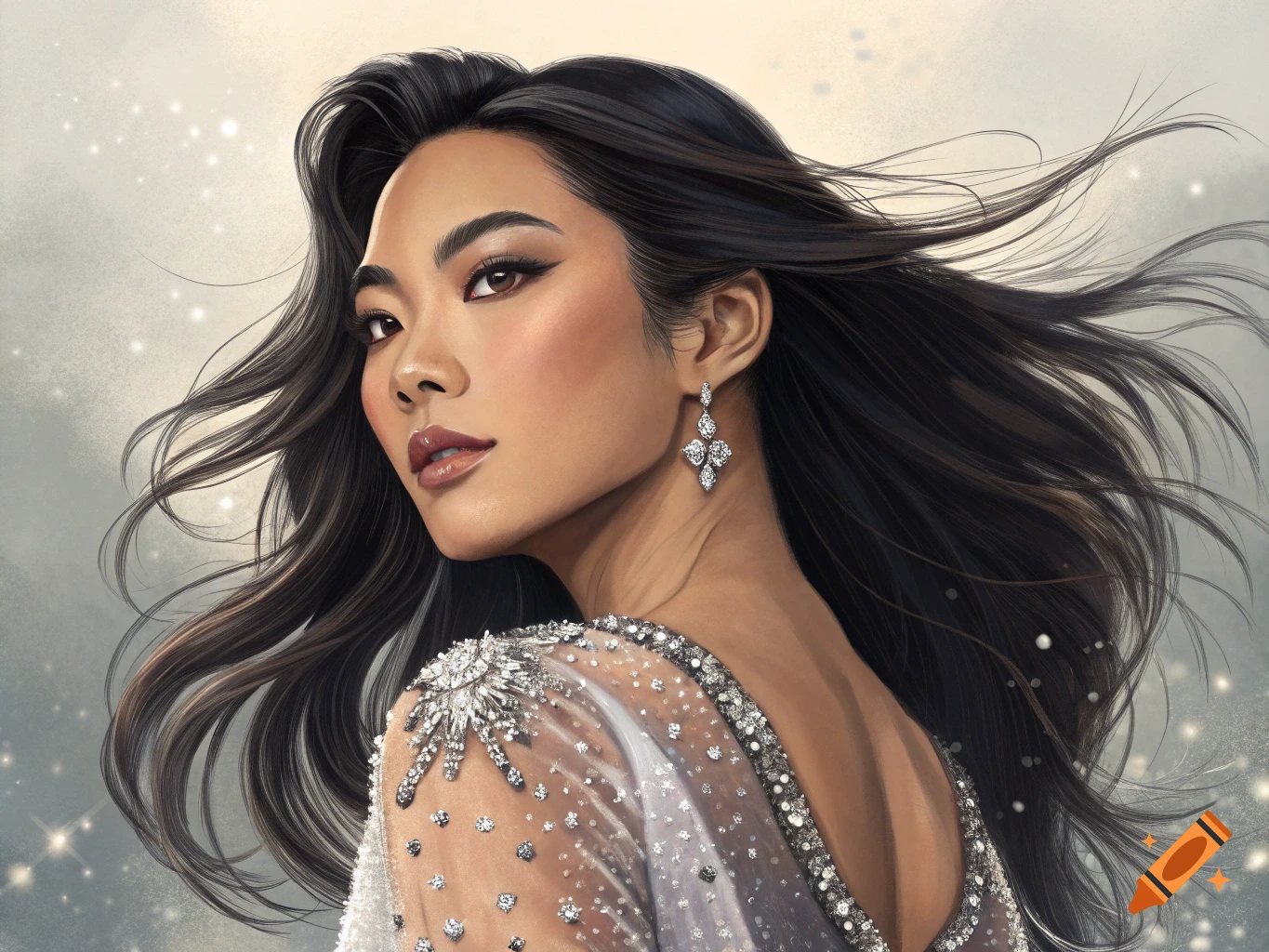 Portrait of a woman in a sparkling white dress and diamond earrings, looking over her shoulder.