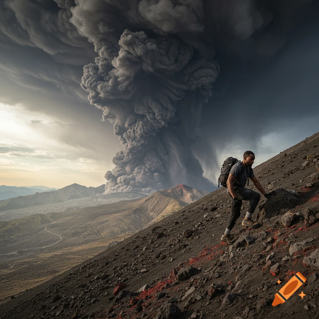 Photorealistic image of a Black man climbing a volcanic ash slope with a massive eruption plume in the background