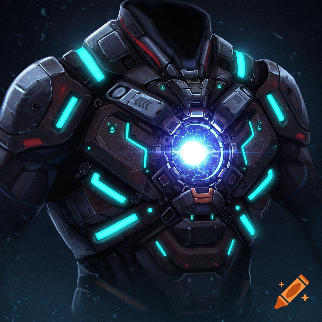 A futuristic sci-fi chestplate with a bright glowing core and blue lights.
