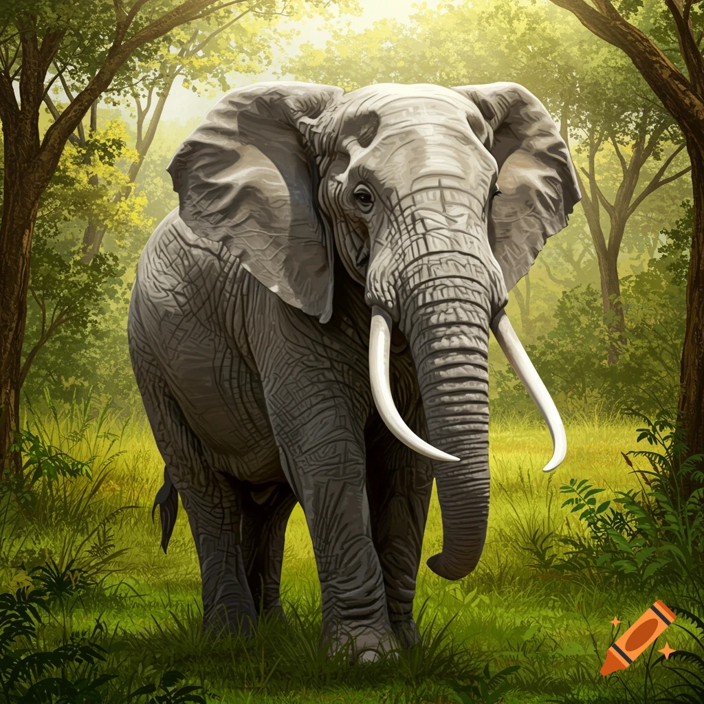 An elephant stands in a sunlit forest clearing.