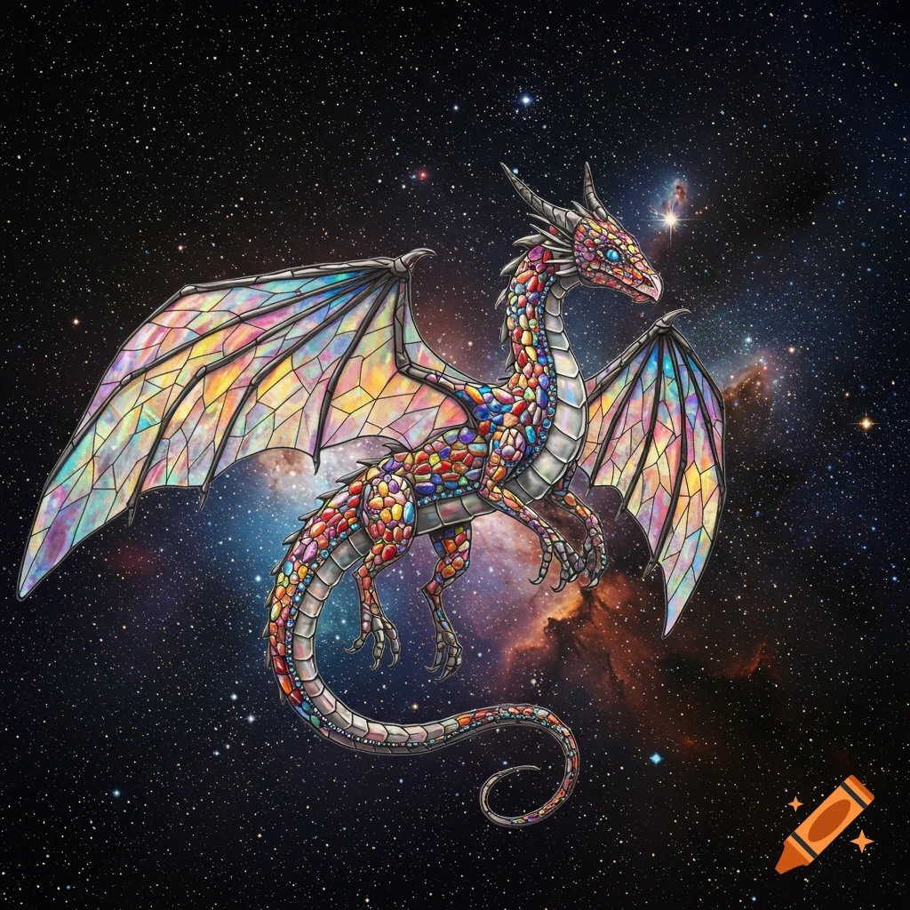A stained glass and gemstone dragon flies through outer space.
