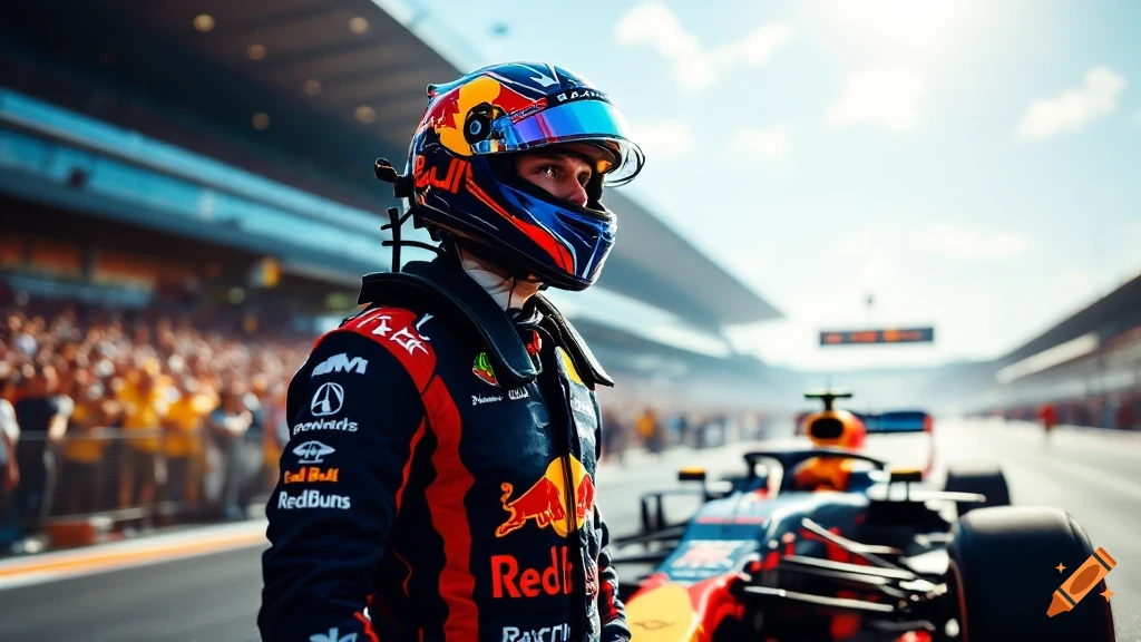 A race car driver in a suit and helmet stands next to their F1 car on a track before a crowd on a sunny day.