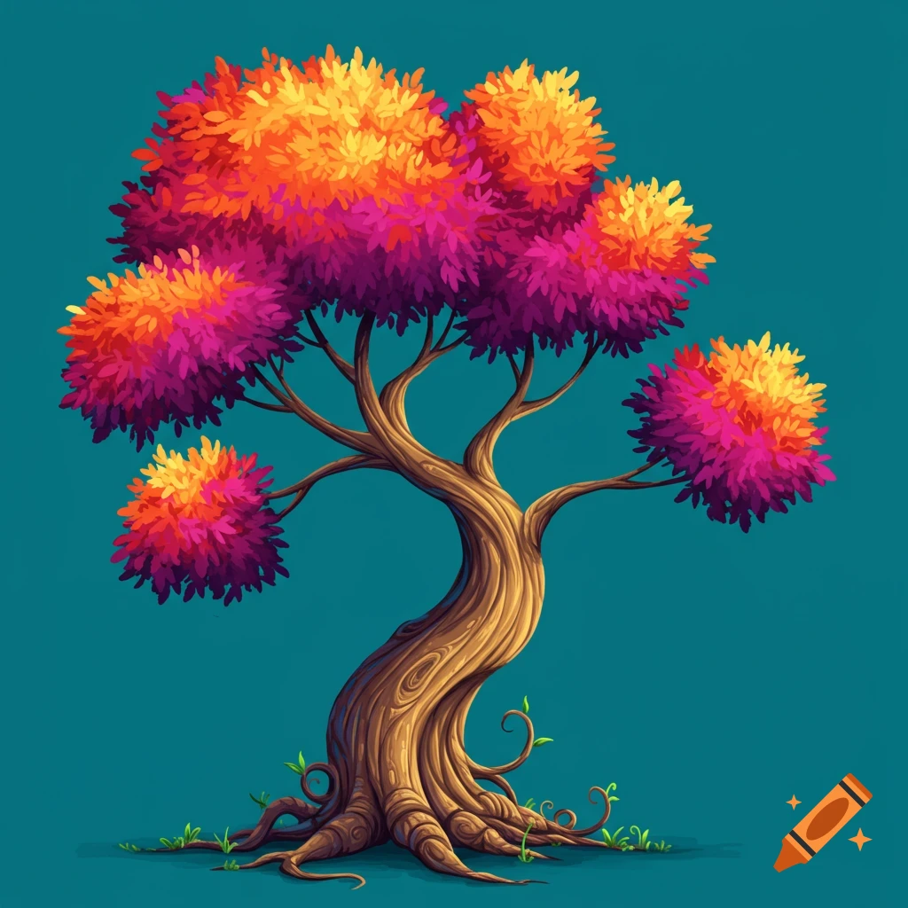 A stylized tree with bright orange, yellow, and purple leaves on a teal background.