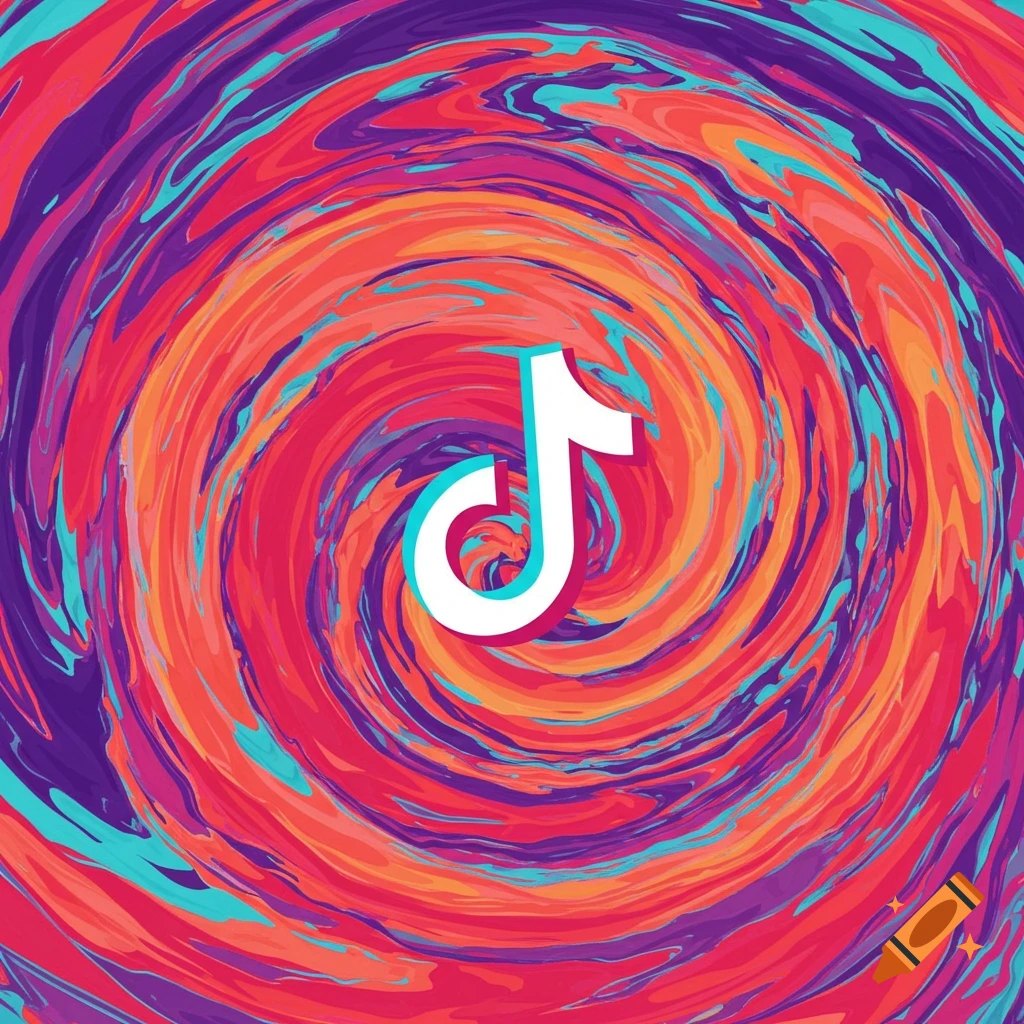 A white TikTok logo on a background of swirling purple, orange, red, and cyan colors.