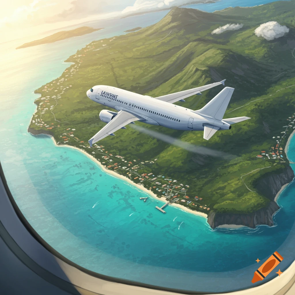 An airplane flying over a tropical island viewed from a window.