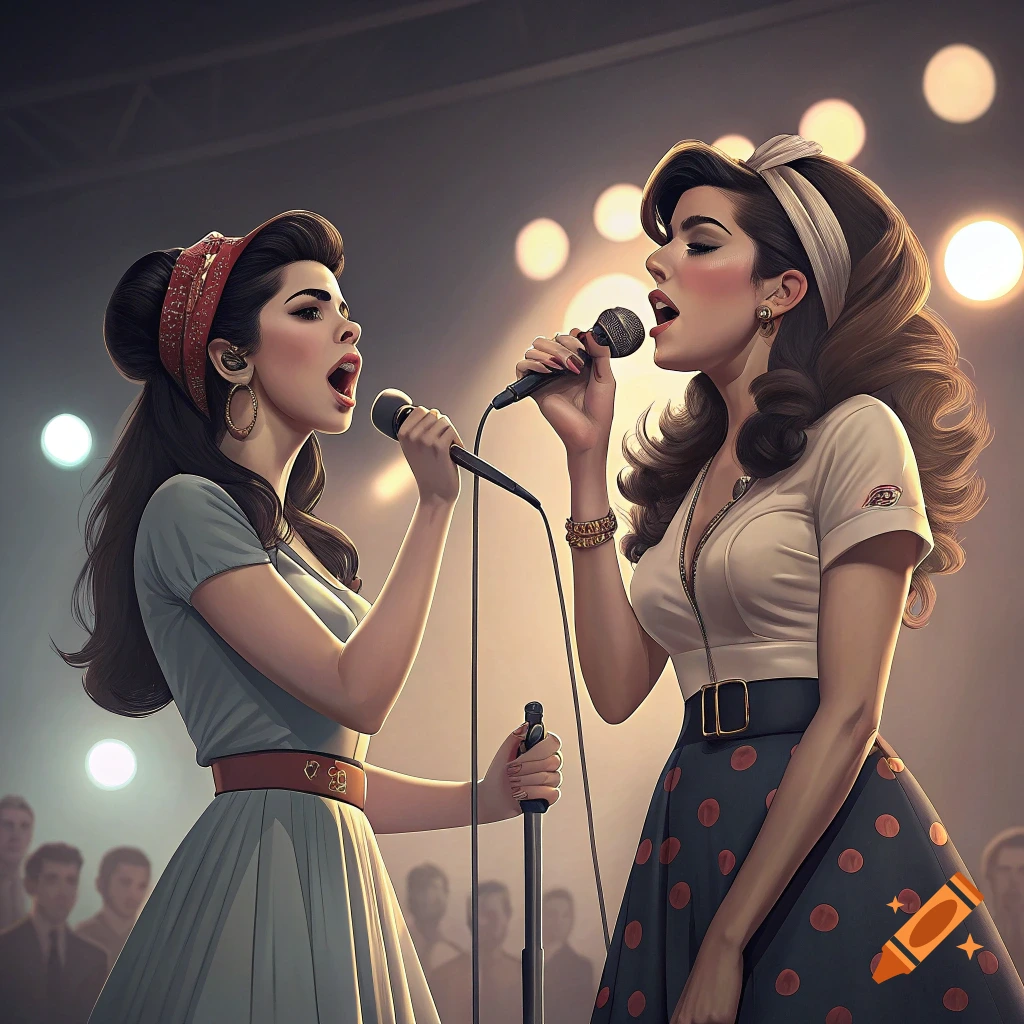 Two women singing into microphones on a stage, bathed in spotlights, with a crowd in the background. They wear vintage-style clothing.