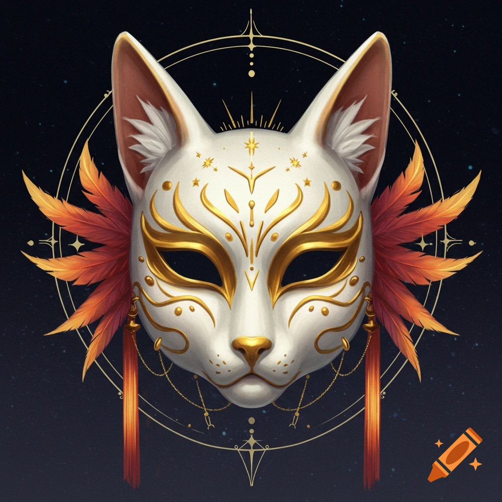 White fox mask with gold patterns, orange feathers, and tassels on a starry background