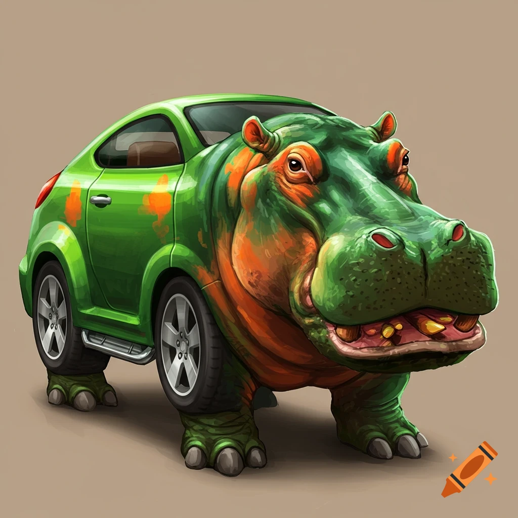 A green hippo mixed with a car is on a brown background.