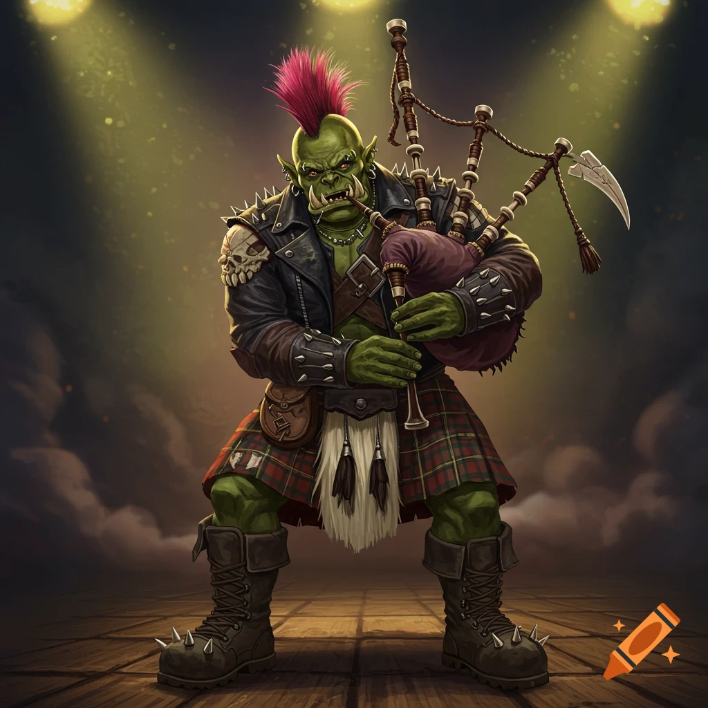 A punk orc bard in a kilt and leather jacket plays bagpipes on a stage