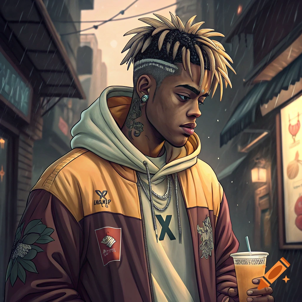 Illustrated portrait of a young man with dreadlocks and a patterned jacket holding a drink in the rain on a city street.