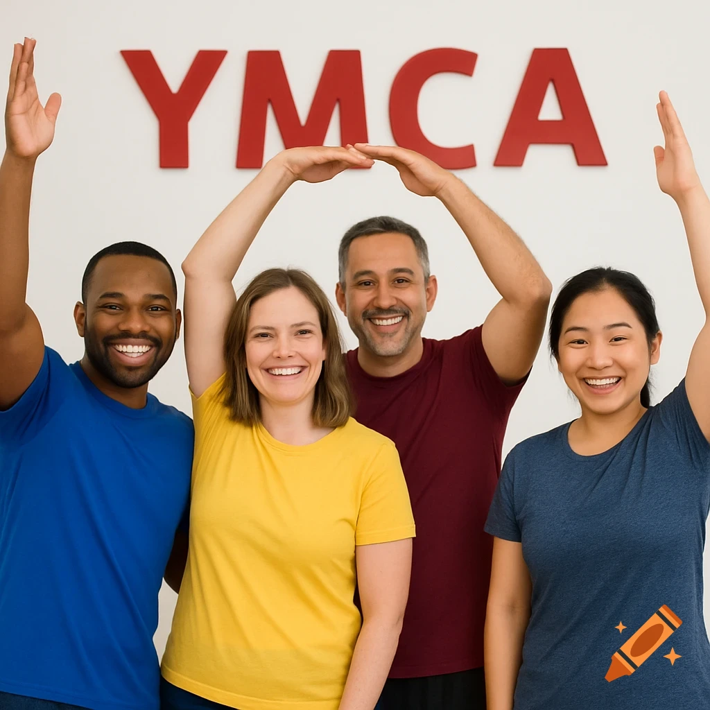 Four diverse people smiling and doing the Y-M-C-A pose in front of a YMCA sign.