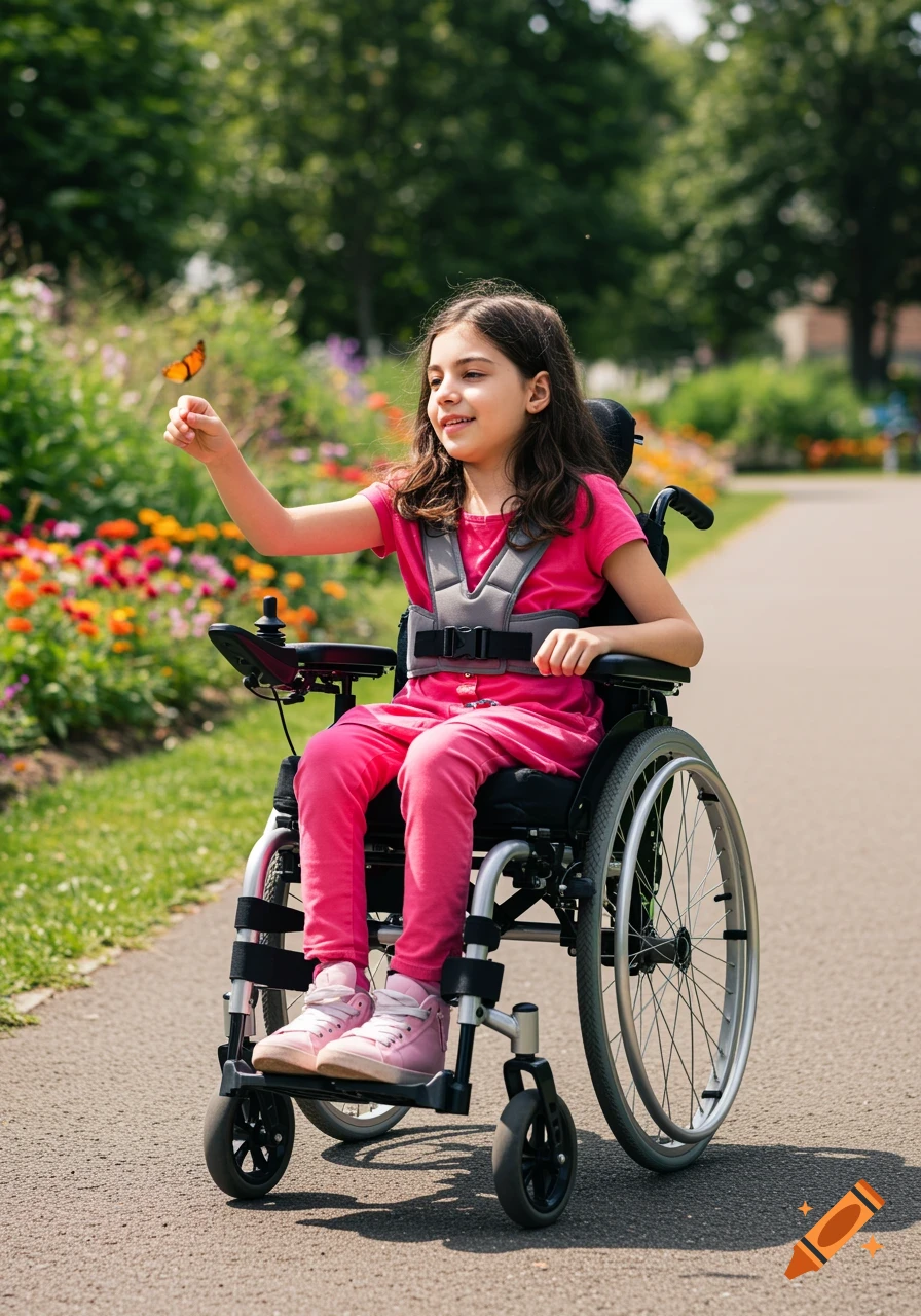 A girl in a wheelchair in a park reaches towards a butterfly.