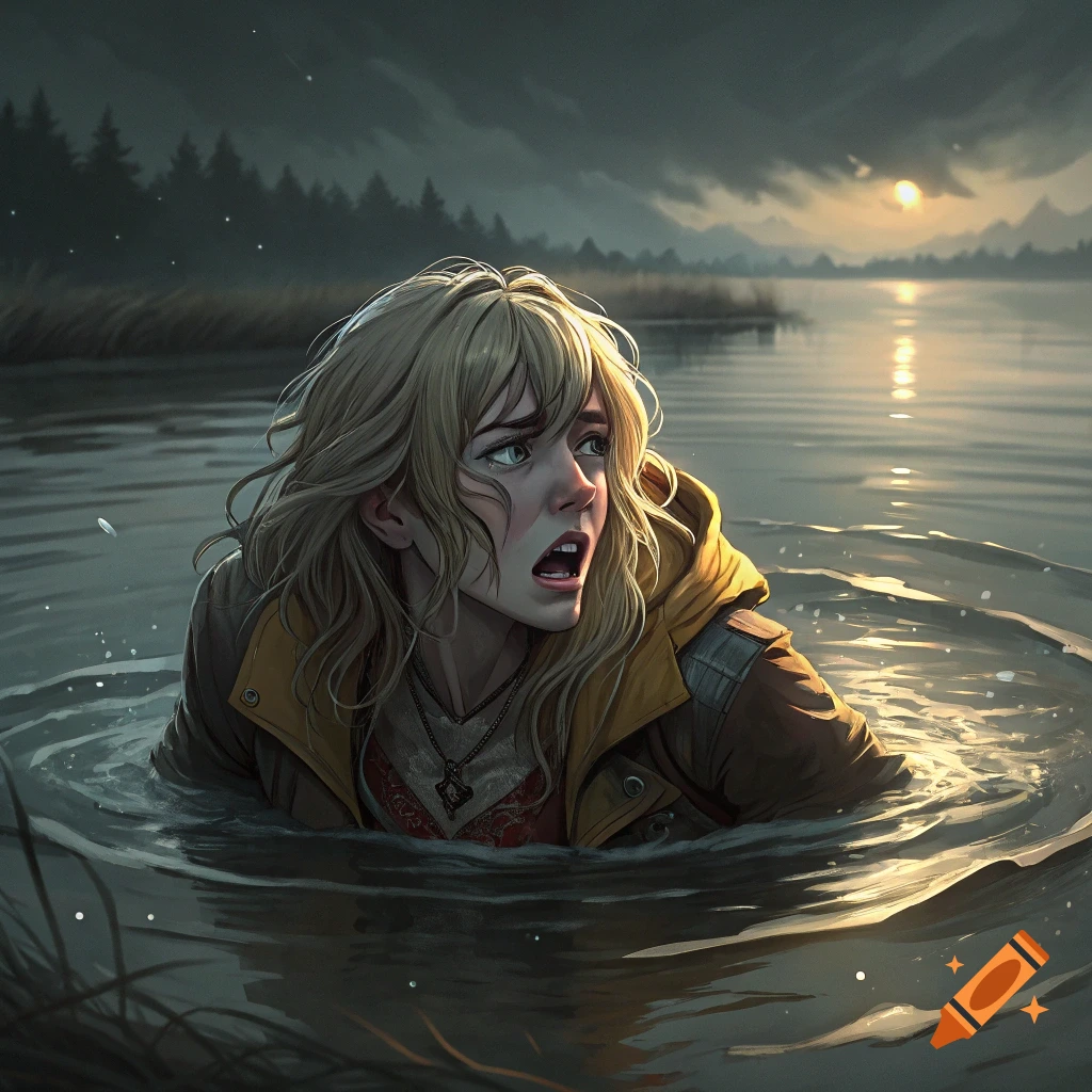 A blonde person struggles in dark water at sunset, looking terrified.