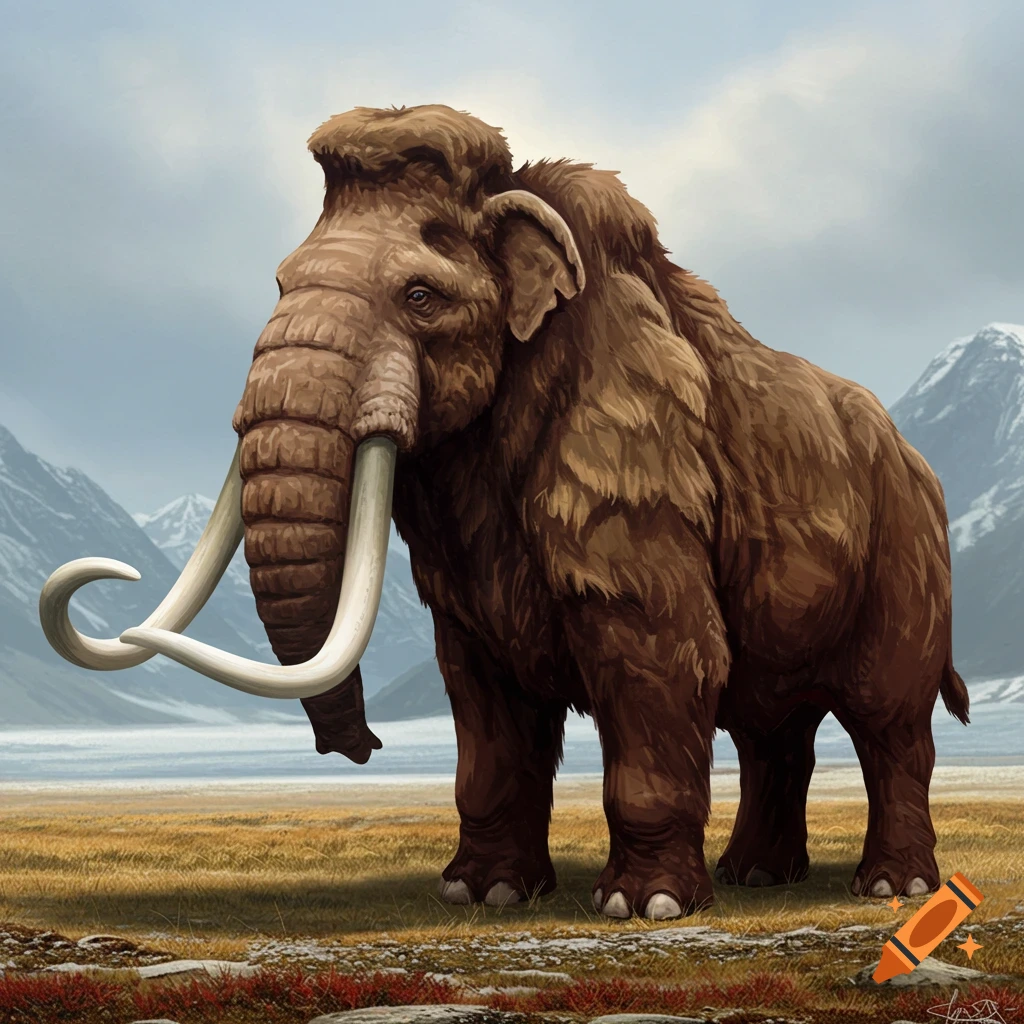 A woolly mammoth stands in a snowy mountain landscape.
