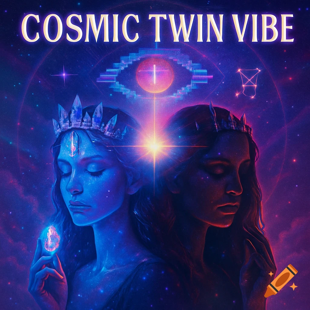 Two women in crystal crowns against a cosmic background with 'COSMIC TWIN VIBE' text.