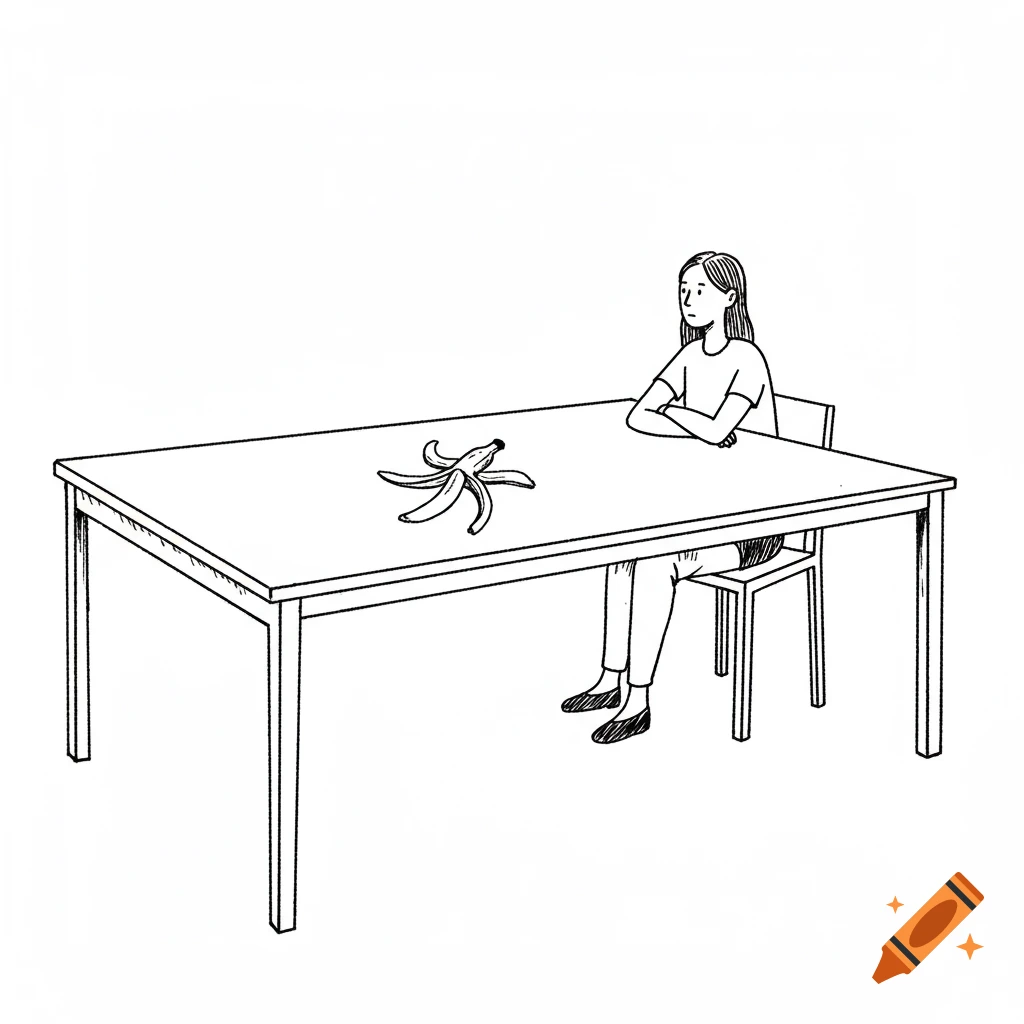 Black and white sketch of a woman sitting at a table looking at a banana peel.