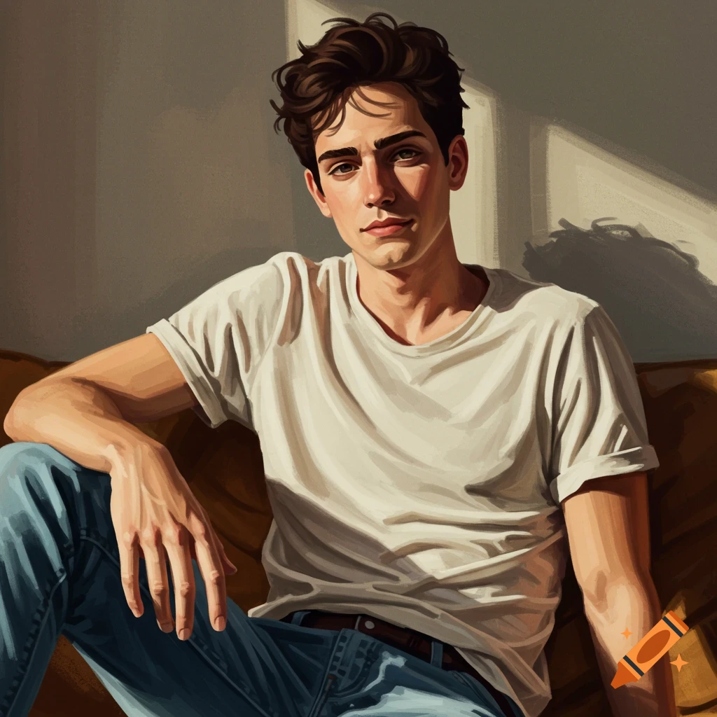 A young man sits on a couch, bathed in sunlight.