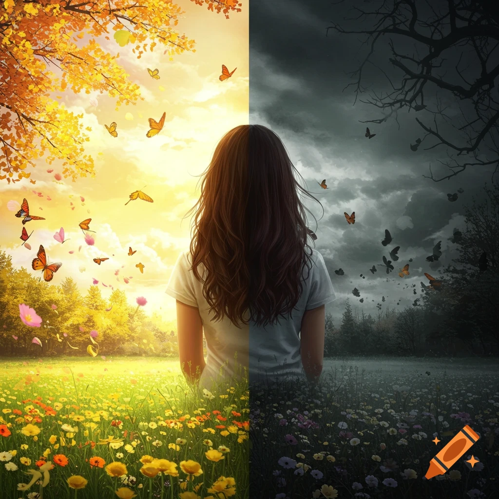 A woman faces a landscape split between bright, sunny spring and dark, gloomy weather, with butterflies.