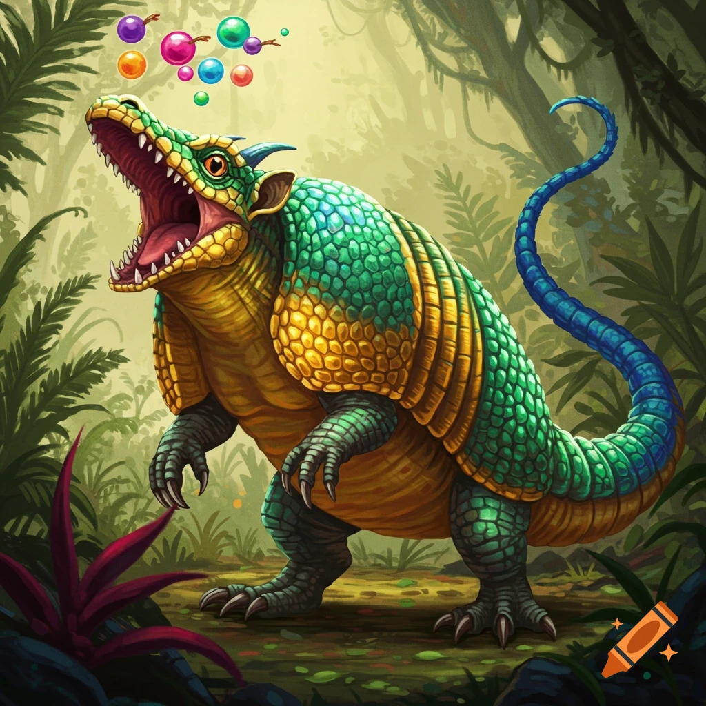 A green and yellow crocodile-armadillo creature roaring in a jungle, with colorful bubbles floating above.