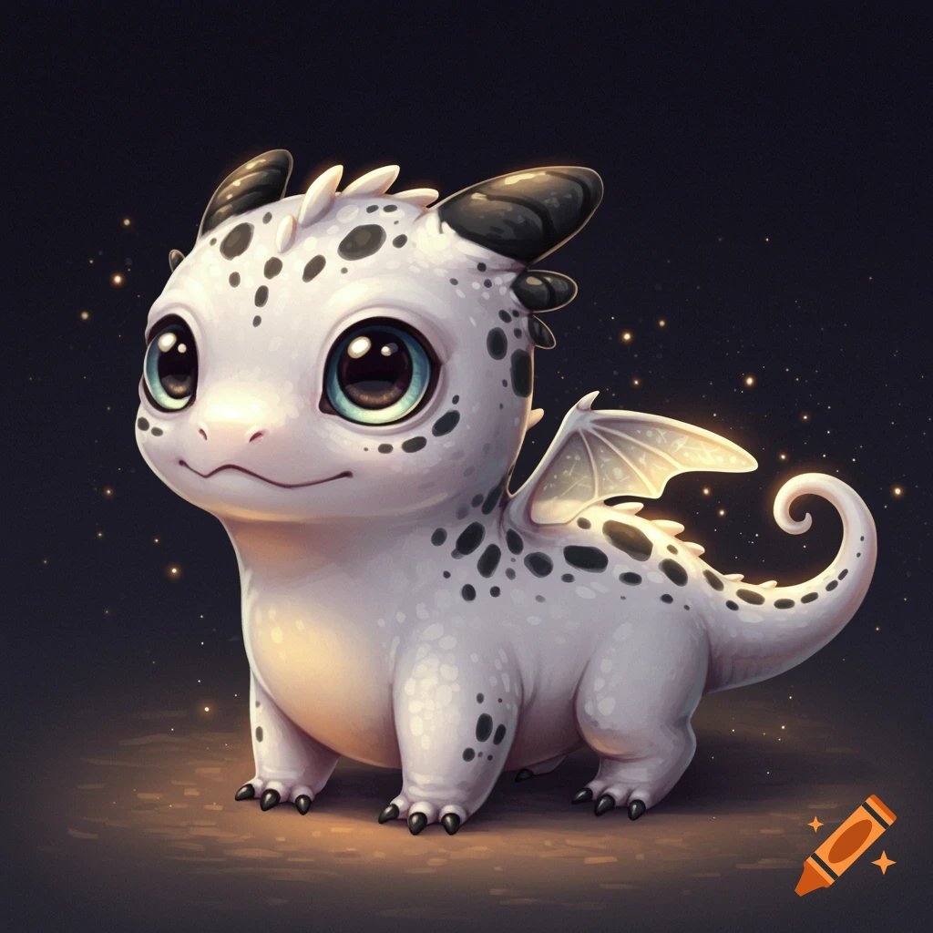 A cute white baby dragon with black spots and big eyes sits on the ground.