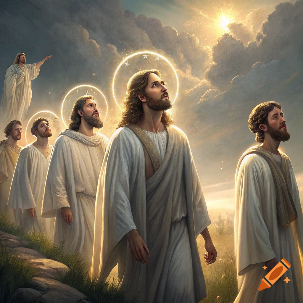 Religious figures in white robes look up at a bright light in a cloudy sky.