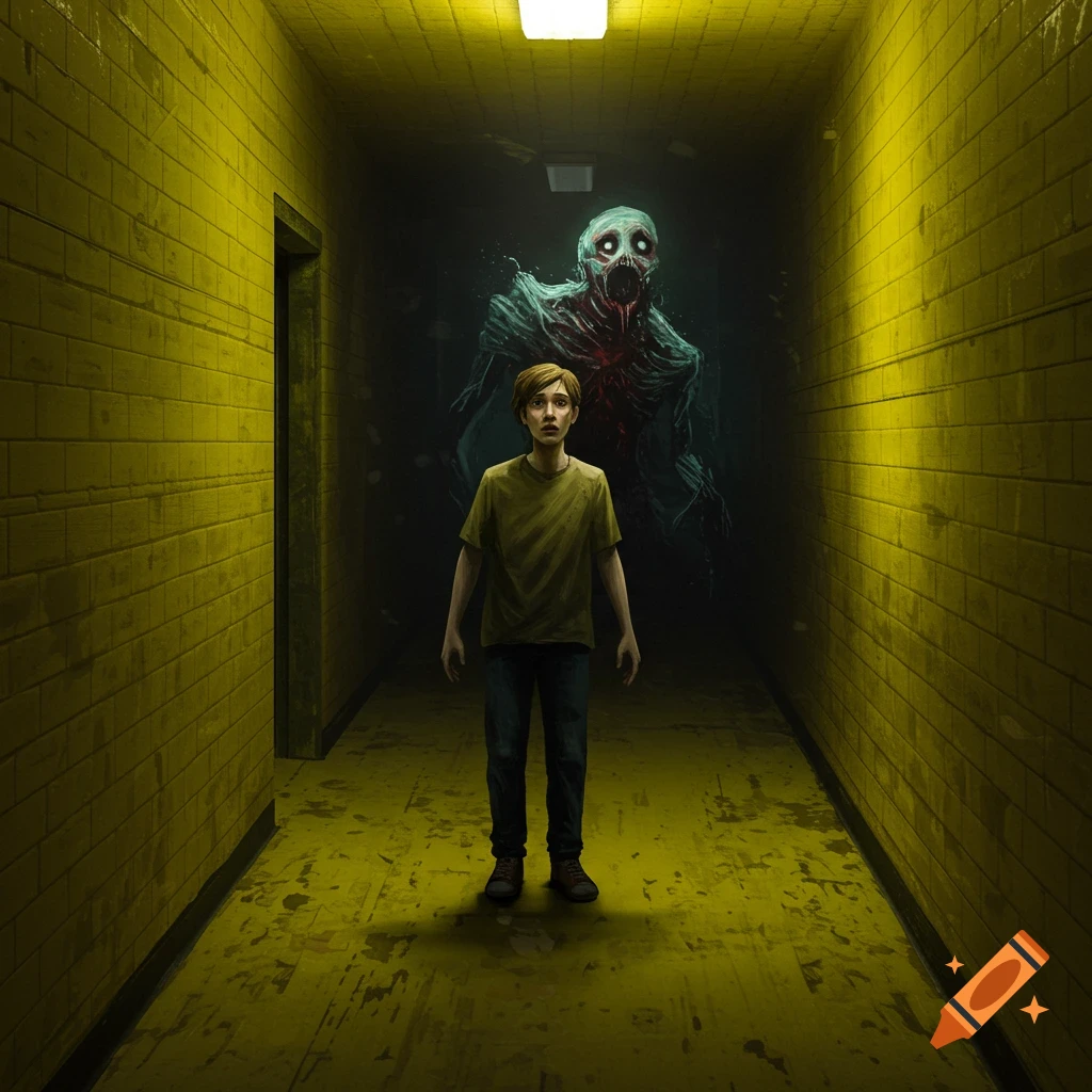 A young person is chased by a ghostly monster in a long, eerie, yellow-bricked hallway.