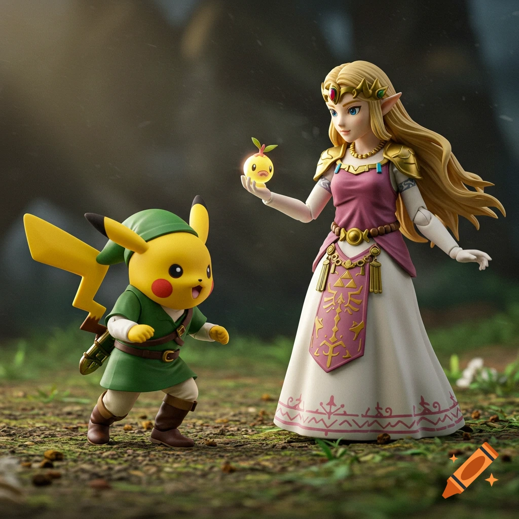 Pikachu dressed as Link and Zelda holding a glowing creature in a forest, realistic action figure style.