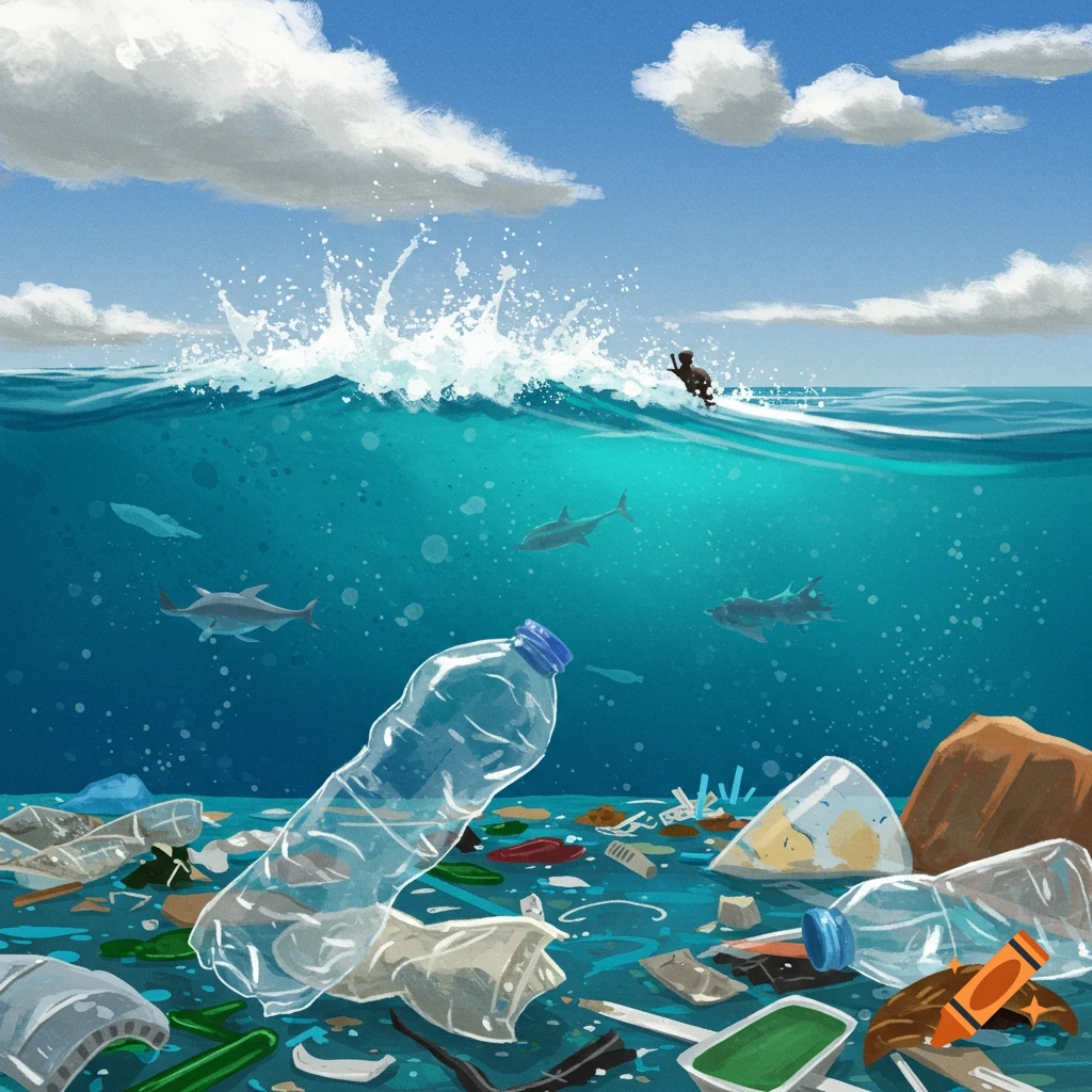 A polluted ocean is depicted, showing plastic waste and sharks underwater. Above, a surfer rides a wave.