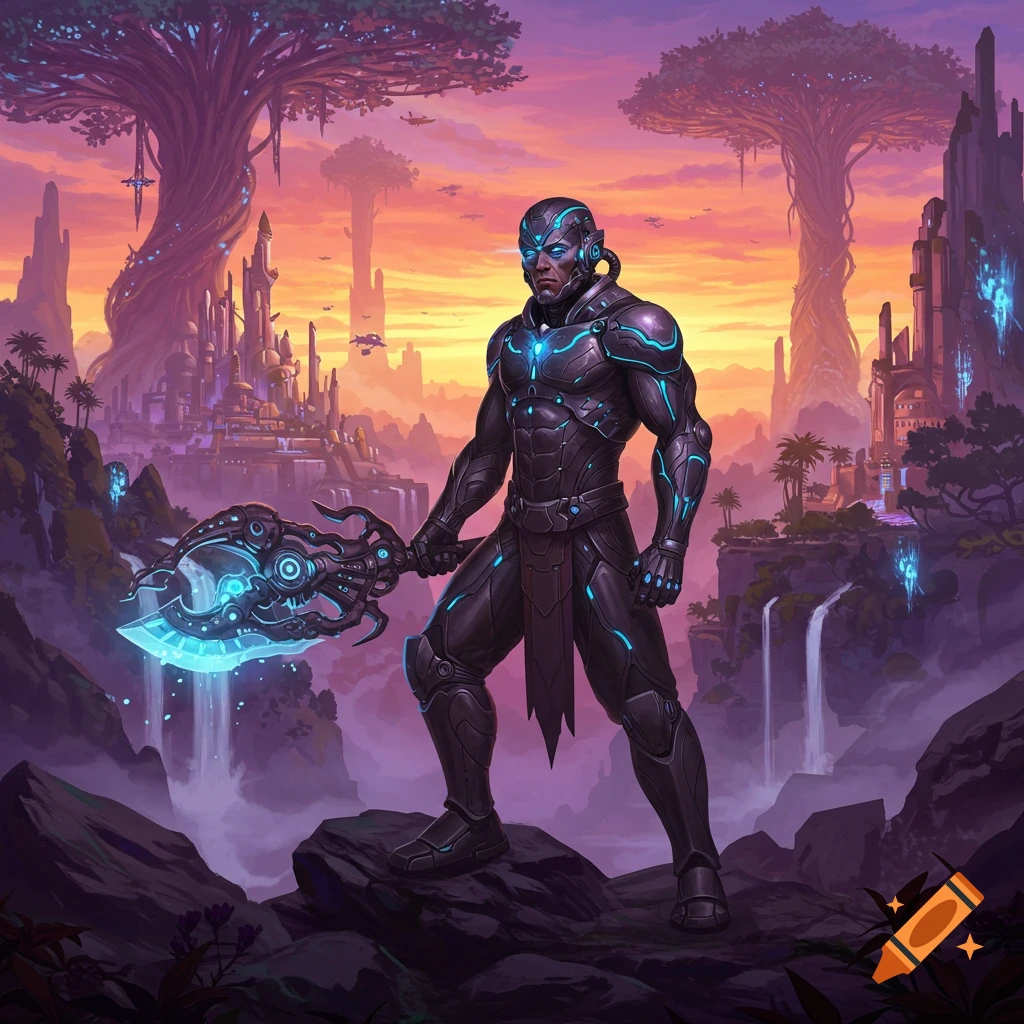 Sci-fi warrior in futuristic armor holds a glowing axe, standing in a fantasy world landscape with glowing trees, city, waterfalls at sunset.