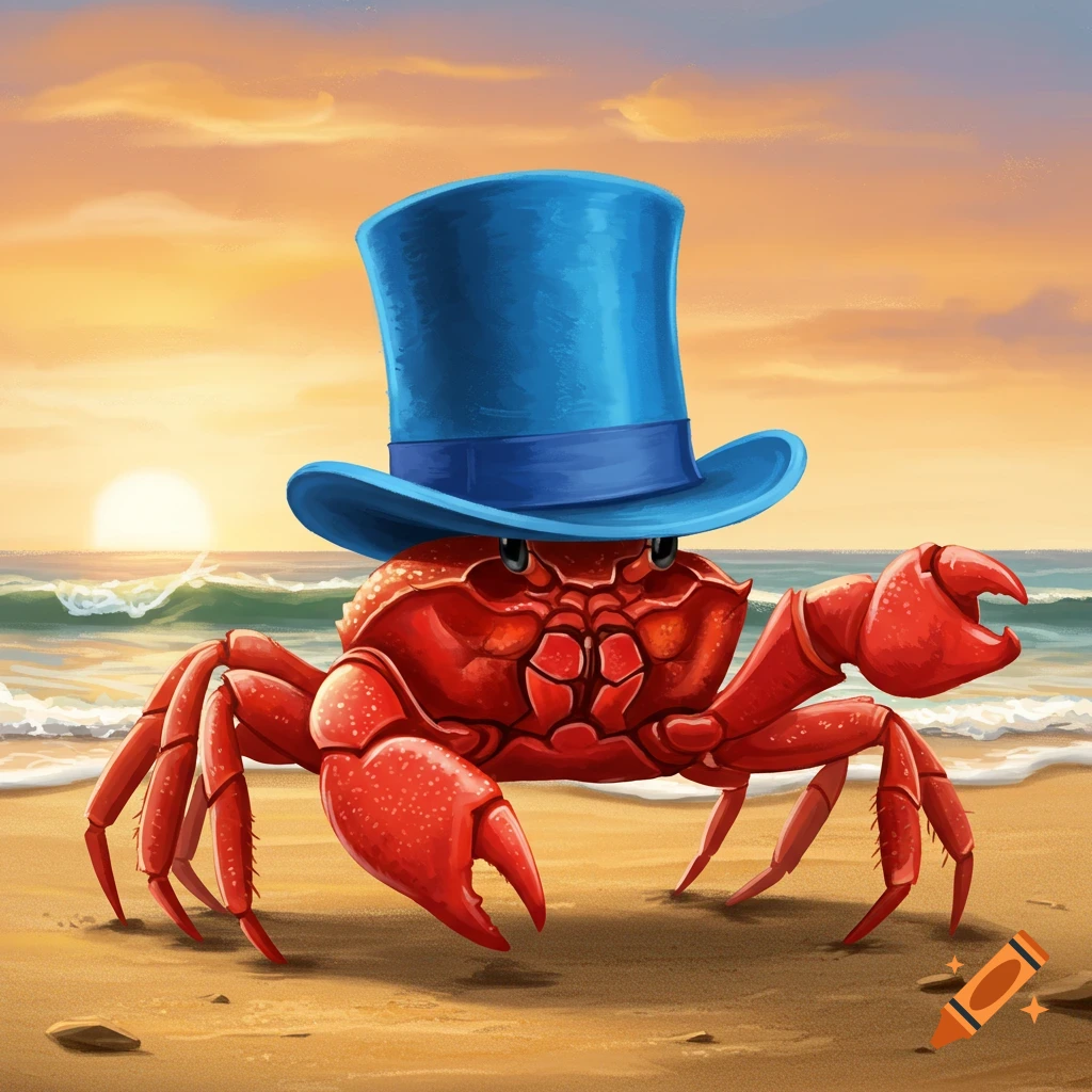 A red crab in a blue top hat stands on a beach at sunset.
