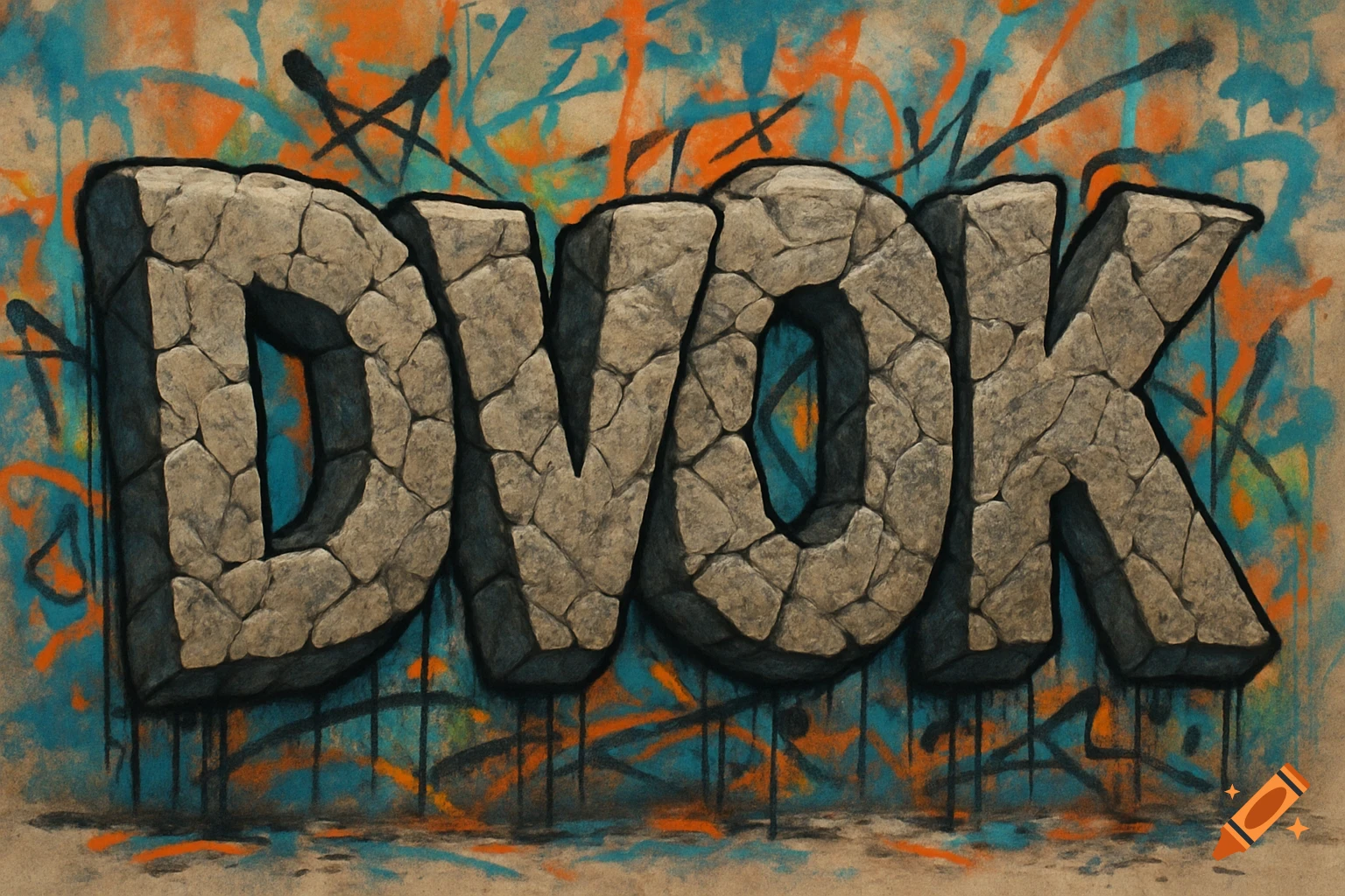 Graffiti art of 'DVOK' letters with rock texture on a blue and orange wall