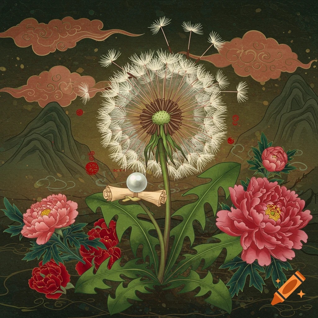 A scene in traditional Chinese style showing a large dandelion, peonies, clouds, and mountains.
