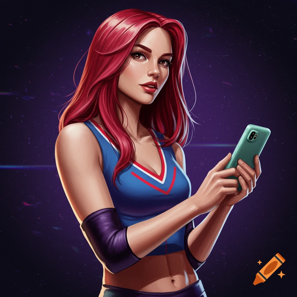 Image of a red-haired woman in a blue crop top holding a smartphone.