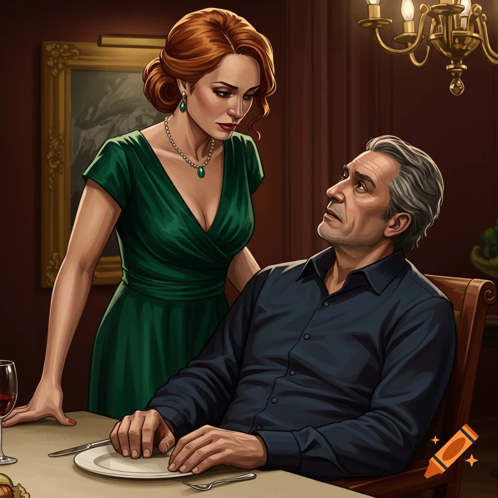 A woman in a green dress looks down at a man sitting at a table.