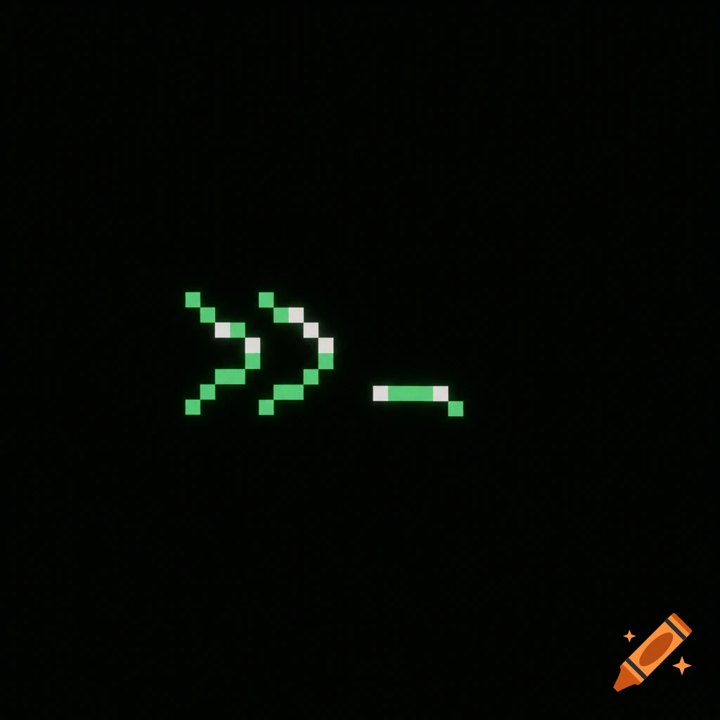 Pixelated retro computer terminal prompt '>>_'.