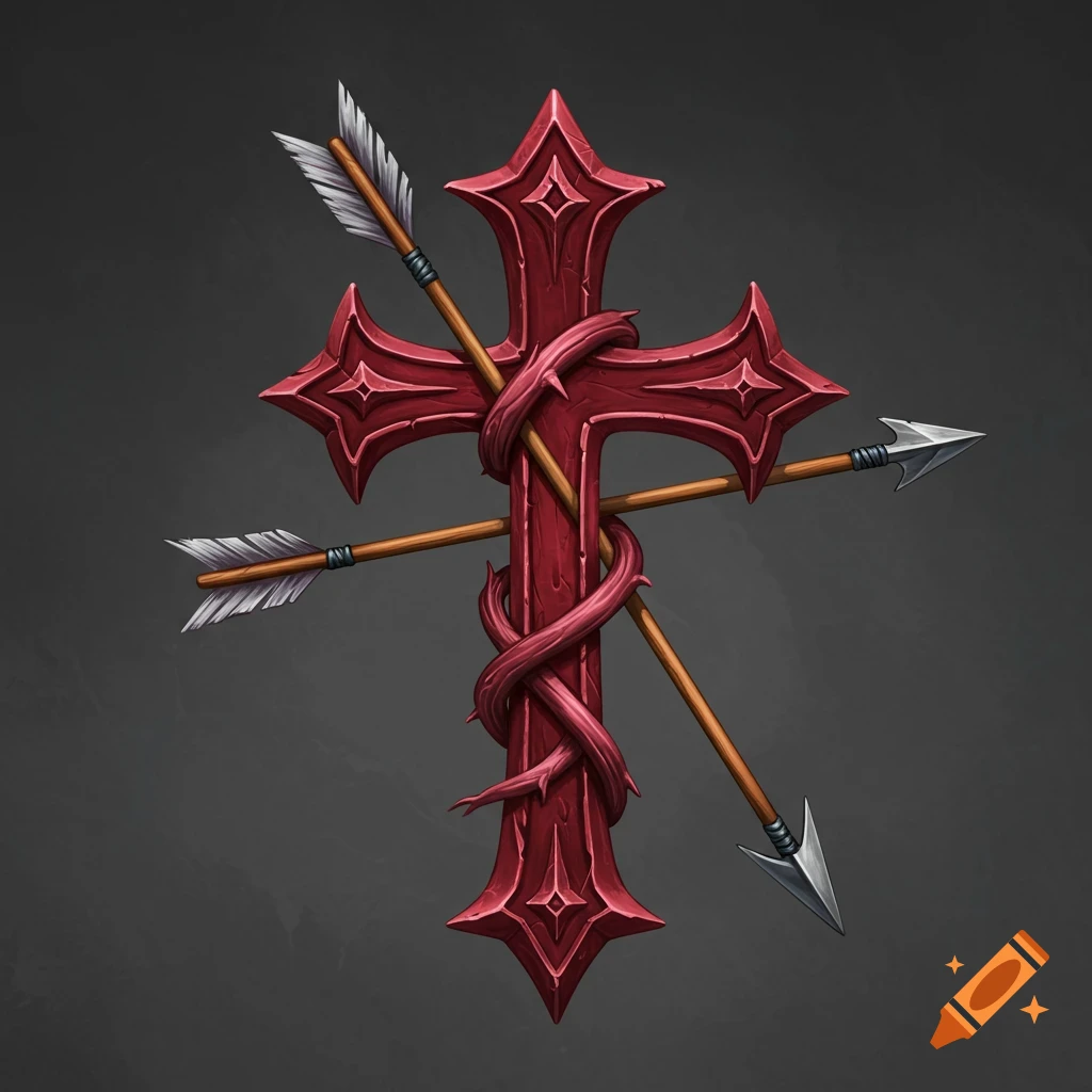 A red, ornate cross wrapped with a thorny vine is pierced by two arrows.