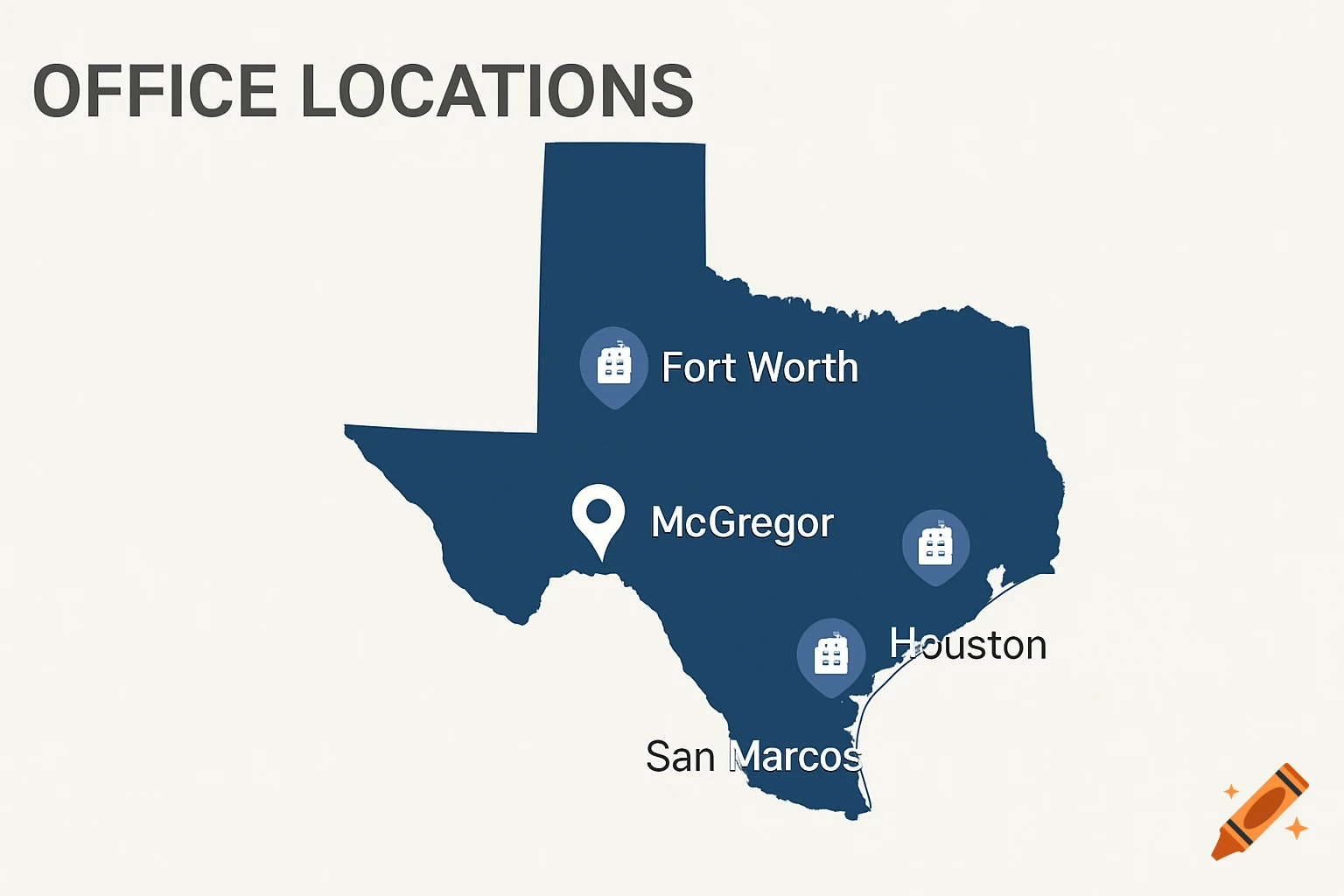 A map of Texas showing office locations in Fort Worth, Houston, San Marcos, and McGregor with icons.