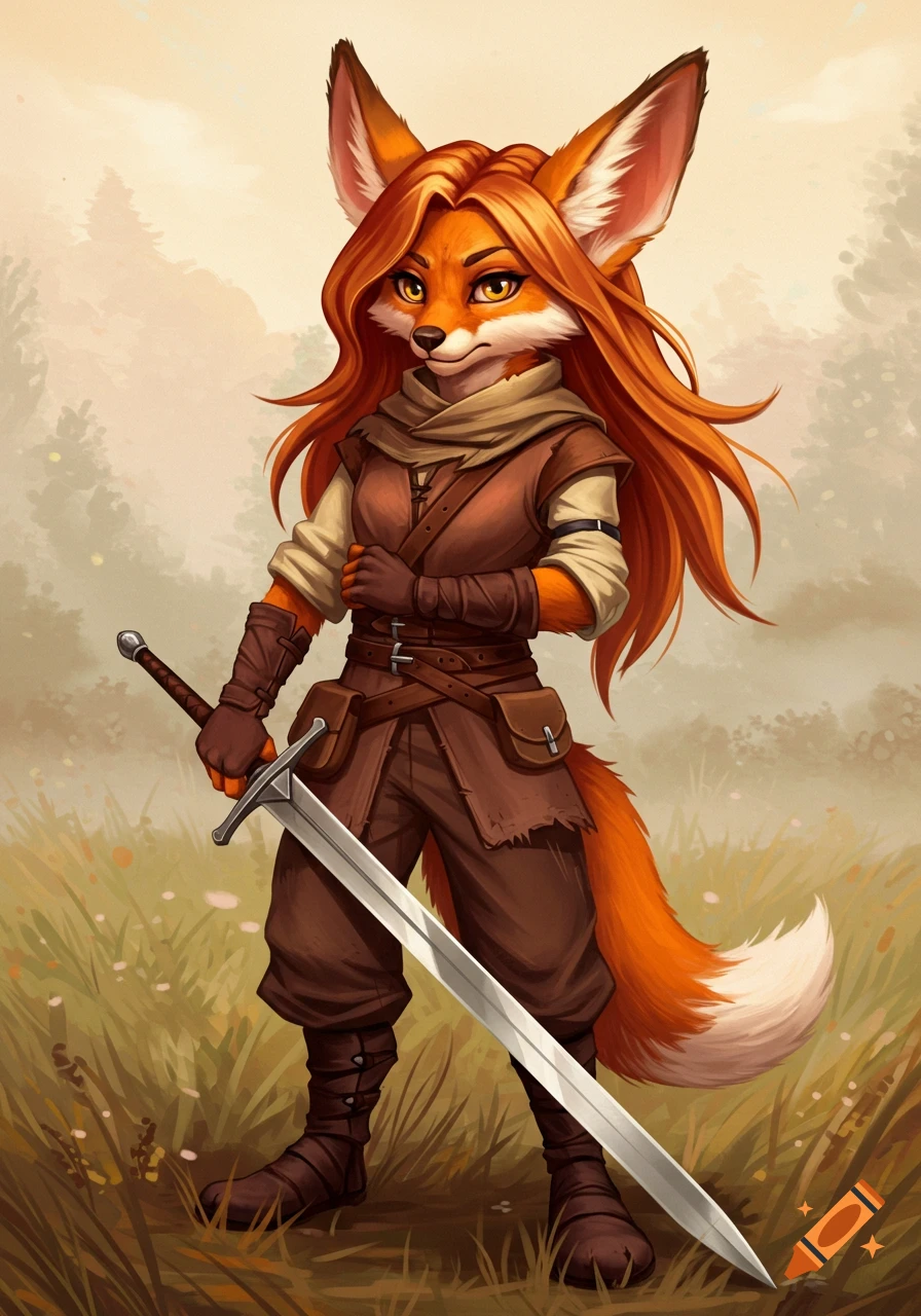 An anthropomorphic fox girl with long red hair, wearing rugged clothes and holding a longsword in a grassy field.