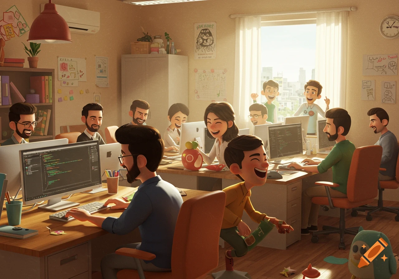 Happy group of people working on computers in a light-filled office, in the style of Disney Pixar.